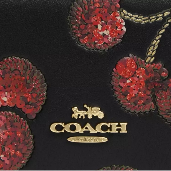 Coach Pouch Wristlet Black Smooth Leather With Cherry Print Zip Closure - Picture 12 of 16